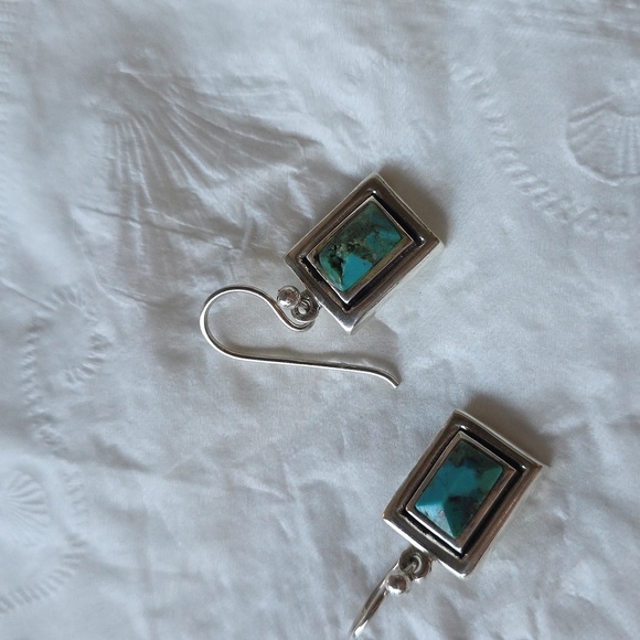Vintage Turquoise and Silver Rectangular Earrings - Picture 4 of 8